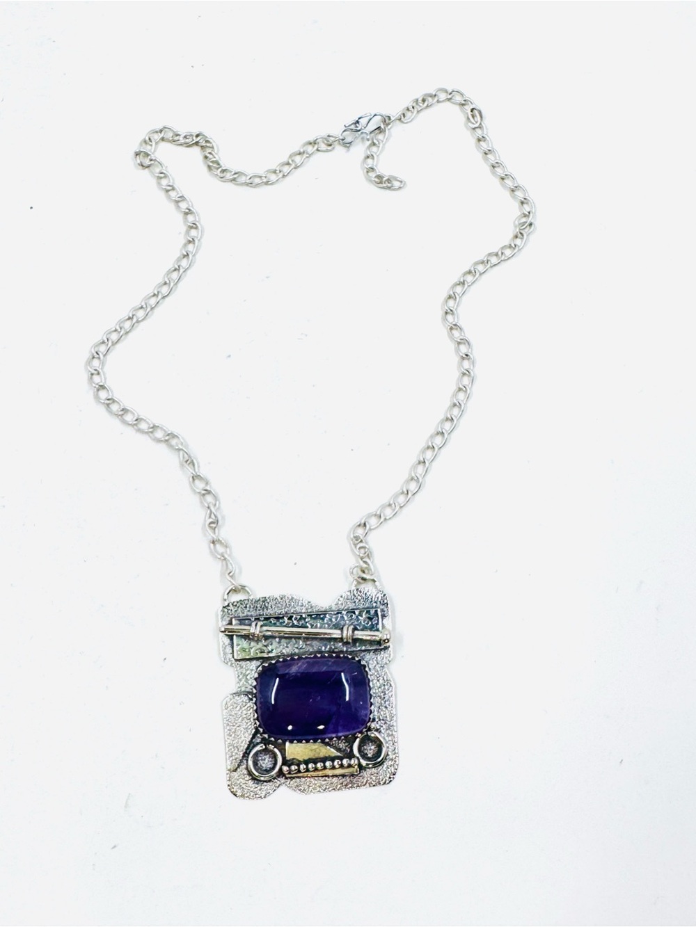 Artisan Made Sterling Silver Purple Amethyst Cabochon Pendant Necklace 18”